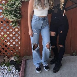 H&M Distressed Loose Straight High Waist Light Blue Women's Jeans